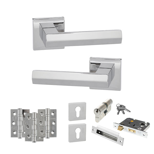 Senza Pari Davoli Door Handle Pack (Euro Lock Set - 3" CE Sashlock, 3" Fire Rated Hinges x3) - Polished Chrome - ADPSP216PC21 - Choice Handles