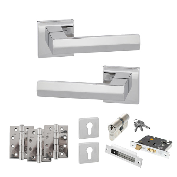 Senza Pari Davoli Door Handle Pack (Euro Lock Set - 2.5" CE Sashlock, 4" Fire Rated Hinges x3) - Polished Chrome - ADPSP216PC22 - Choice Handles