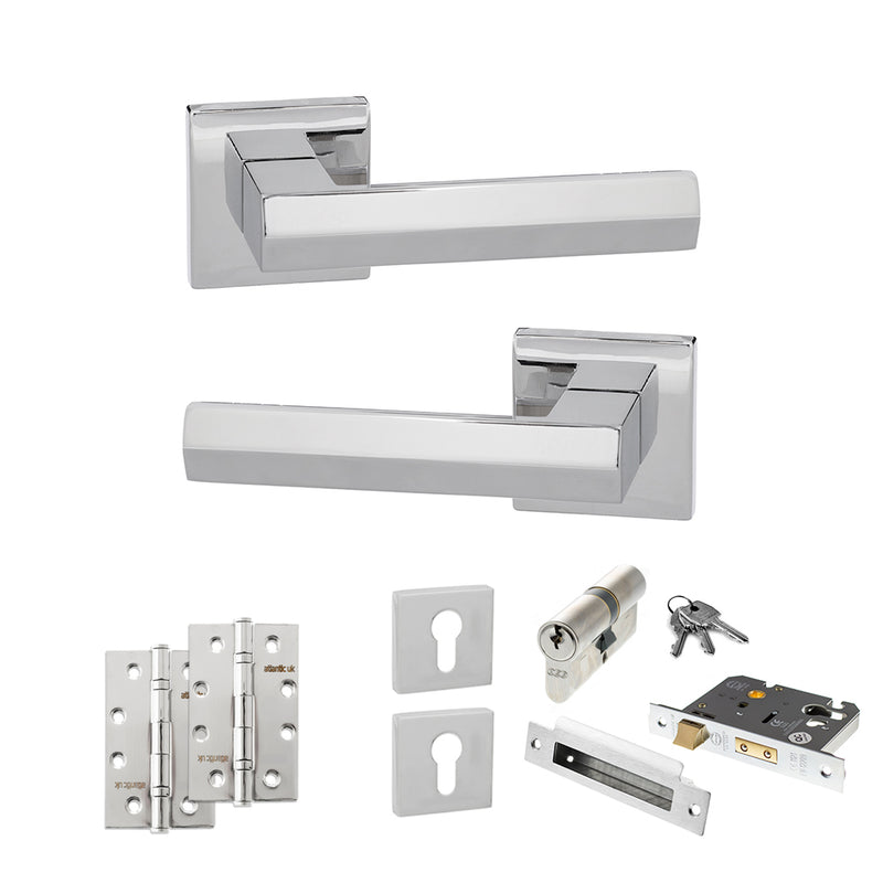 Senza Pari Davoli Door Handle Pack (Euro Lock Set - 2.5" CE Sashlock, 4" Slim Knuckle Hinges x2) - Polished Chrome - ADPSP216PC24 - Choice Handles