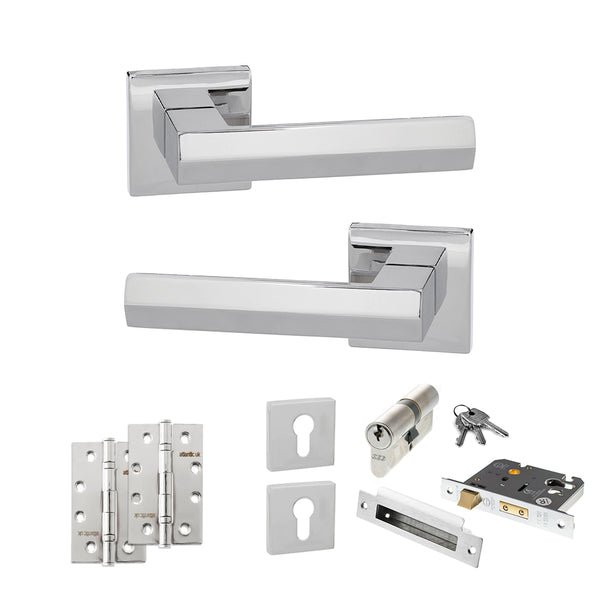 Senza Pari Davoli Door Handle Pack (Euro Lock Set - 3" CE Sashlock, 4" Slim Knuckle Hinges x2) - Polished Chrome - ADPSP216PC25 - Choice Handles
