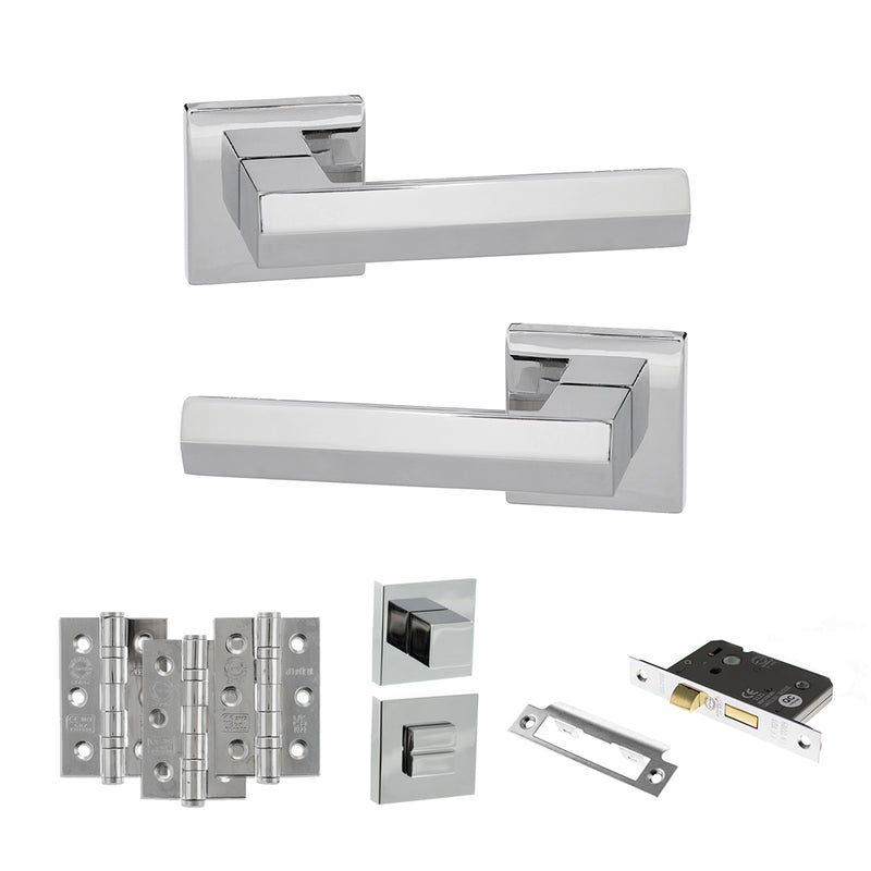 Senza Pari Davoli Door Handle Pack (Bathroom Set - 2.5" CE Bathroom Lock, 3" Fire Rated Hinges x3) - Polished Chrome - ADPSP216PC8 - Choice Handles