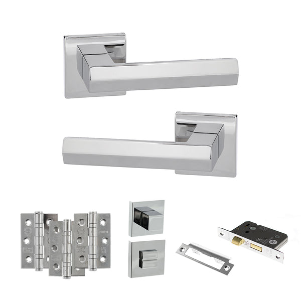 Senza Pari Davoli Door Handle Pack (Bathroom Set - 3" CE Bathroom Lock, 3" Fire Rated Hinges x3) - Polished Chrome - ADPSP216PC9 - Choice Handles
