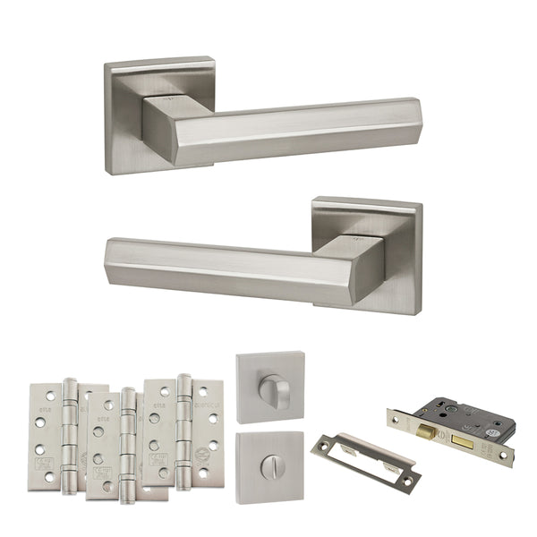 Senza Pari Davoli Door Handle Pack (Bathroom Set - 3" CE Bathroom Lock, 4" Fire Rated Hinges x3) - Satin Nickel - ADPSP216SN11 - Choice Handles