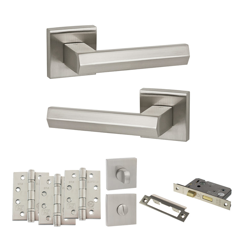 Senza Pari Davoli Door Handle Pack (Bathroom Set - 3" CE Bathroom Lock, 4" Fire Rated Hinges x3) - Satin Nickel - ADPSP216SN11 - Choice Handles