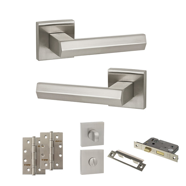 Senza Pari Davoli Door Handle Pack (Bathroom Set - 3" CE Bathroom Lock, 4" Slim Knuckle Hinges x2) - Satin Nickel - ADPSP216SN13 - Choice Handles
