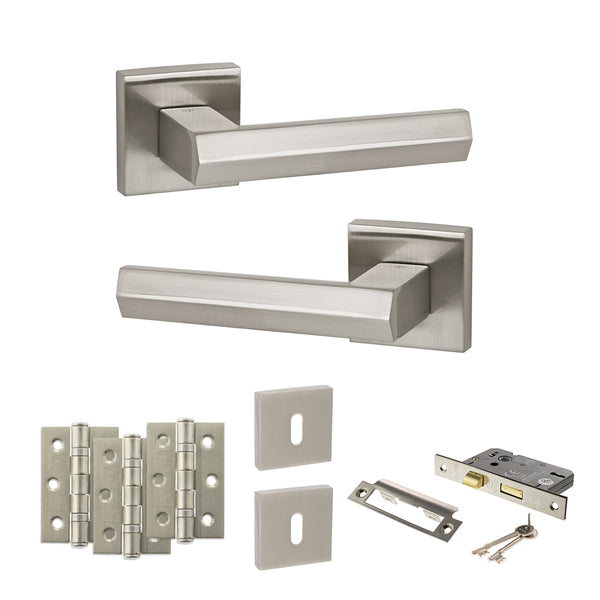 Senza Pari Davoli Door Handle Pack (3 Lever Lock Set - 2.5" CE Sashlock, 3" Fire Rated Hinges x3) - Satin Nickel - ADPSP216SN14 - Choice Handles