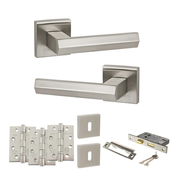 Senza Pari Davoli Door Handle Pack (3 Lever Lock Set - 3" CE Sashlock, 4" Fire Rated Hinges x3) - Satin Nickel - ADPSP216SN17 - Choice Handles