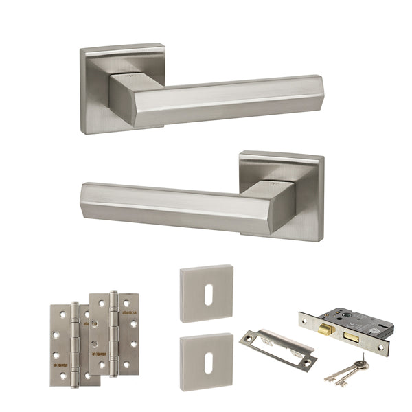 Senza Pari Davoli Door Handle Pack (3 Lever Lock Set - 2.5" CE Sashlock, 4" Slim Knuckle Hinges x2) - Satin Nickel - ADPSP216SN18 - Choice Handles