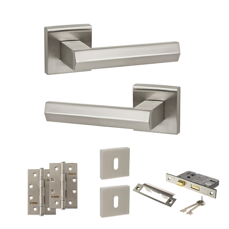 Senza Pari Davoli Door Handle Pack (3 Lever Lock Set - 3" CE Sashlock, 4" Slim Knuckle Hinges x2) - Satin Nickel - ADPSP216SN19 - Choice Handles