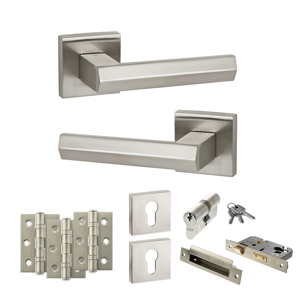 Senza Pari Davoli Door Handle Pack (Euro Lock Set - 2.5" CE Sashlock, 3" Fire Rated Hinges x3) - Satin Nickel - ADPSP216SN20 - Choice Handles