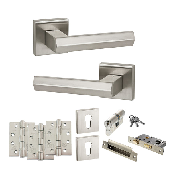Senza Pari Davoli Door Handle Pack (Euro Lock Set - 2.5" CE Sashlock, 4" Fire Rated Hinges x3) - Satin Nickel - ADPSP216SN22 - Choice Handles