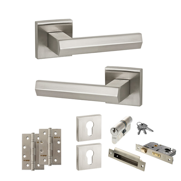 Senza Pari Davoli Door Handle Pack (Euro Lock Set - 3" CE Sashlock, 4" Slim Knuckle Hinges x2) - Satin Nickel - ADPSP216SN25 - Choice Handles