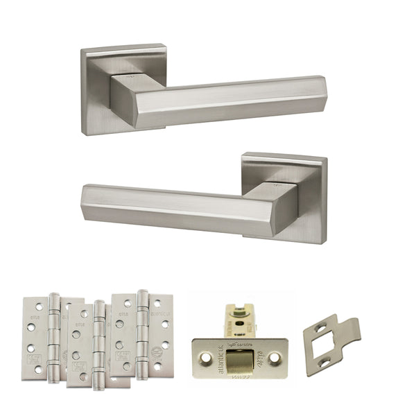 Senza Pari Davoli Door Handle Pack (Latch Set - 3" CE Latch, 4" Fire Rated Hinges x3) - Satin Nickel - ADPSP216SN4 - Choice Handles
