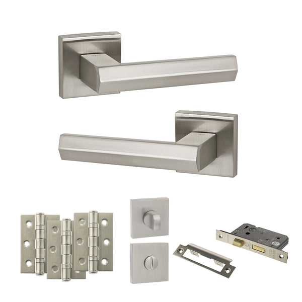 Senza Pari Davoli Door Handle Pack (Bathroom Set - 2.5" CE Bathroom Lock, 3" Fire Rated Hinges x3) - Satin Nickel - ADPSP216SN8 - Choice Handles