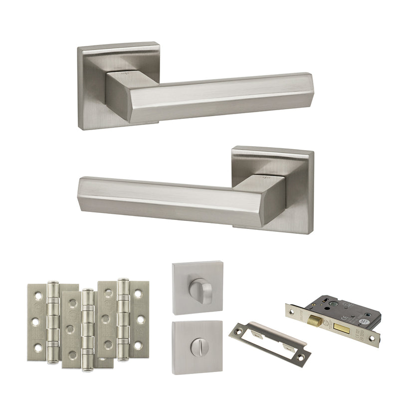 Senza Pari Davoli Door Handle Pack (Bathroom Set - 3" CE Bathroom Lock, 3" Fire Rated Hinges x3) - Satin Nickel - ADPSP216SN9 - Choice Handles