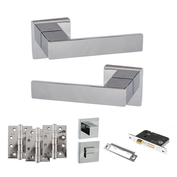 Senza Pari Panetti Door Handle Pack (Bathroom Set - 2.5" CE Bathroom Lock, 4" Fire Rated Hinges x3) - Polished Chrome - ADPSP217CP10 - Choice Handles