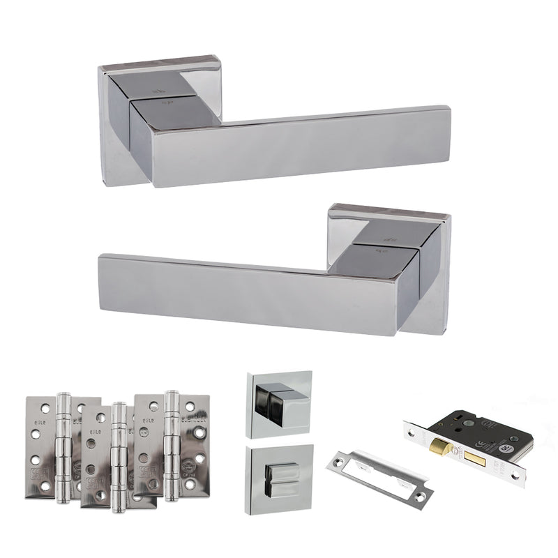 Senza Pari Panetti Door Handle Pack (Bathroom Set - 3" CE Bathroom Lock, 4" Fire Rated Hinges x3) - Polished Chrome - ADPSP217CP11 - Choice Handles