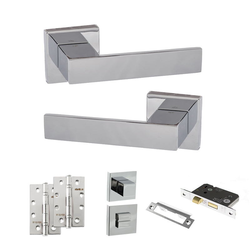 Senza Pari Panetti Door Handle Pack (Bathroom Set - 2.5" CE Bathroom Lock, 4" Slim Knuckle Hinges x2) - Polished Chrome - ADPSP217CP12 - Choice Handles