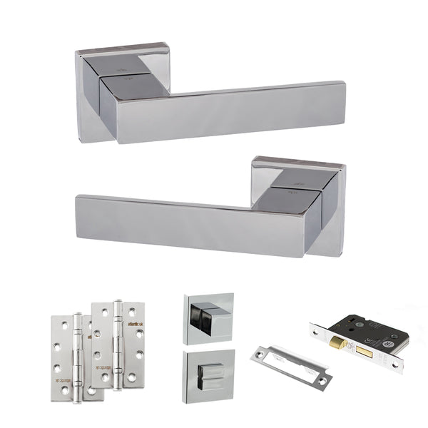 Senza Pari Panetti Door Handle Pack (Bathroom Set - 3" CE Bathroom Lock, 4" Slim Knuckle Hinges x2) - Polished Chrome - ADPSP217CP13 - Choice Handles