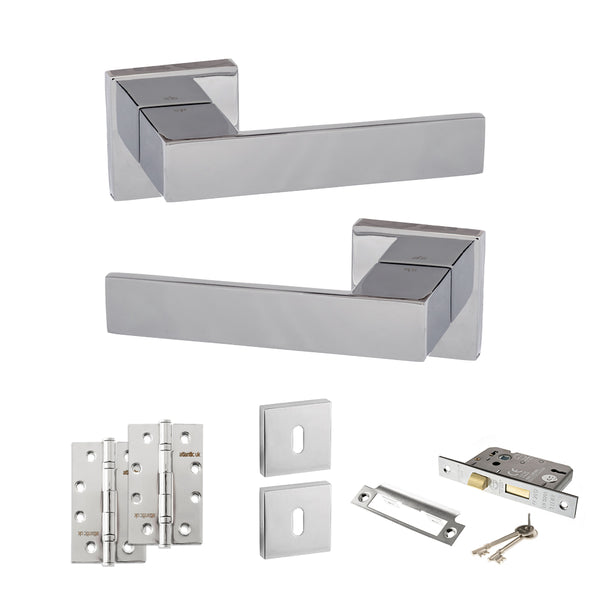 Senza Pari Panetti Door Handle Pack (3 Lever Lock Set - 2.5" CE Sashlock, 4" Slim Knuckle Hinges x2) - Polished Chrome - ADPSP217CP18 - Choice Handles
