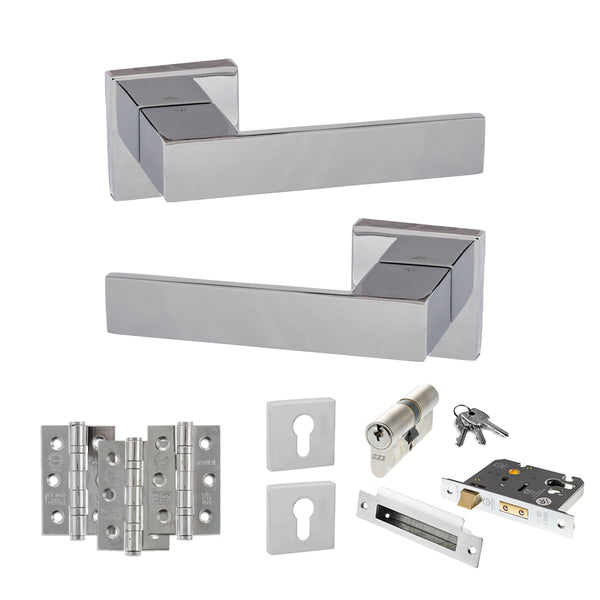 Senza Pari Panetti Door Handle Pack (Euro Lock Set - 2.5" CE Sashlock, 3" Fire Rated Hinges x3) - Polished Chrome - ADPSP217CP20 - Choice Handles