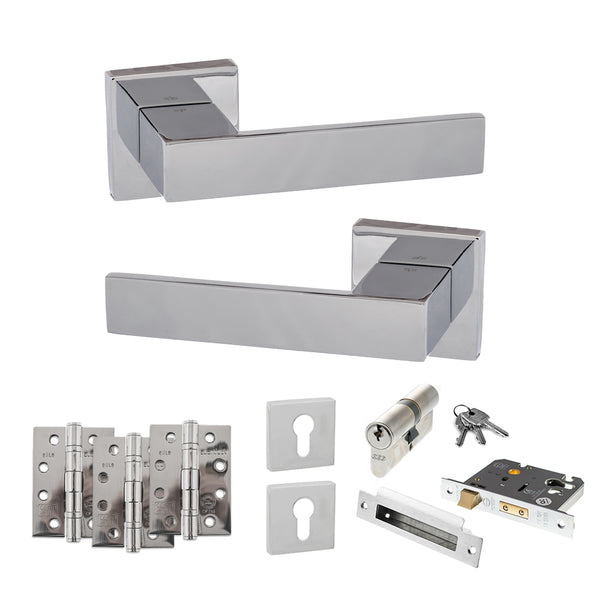 Senza Pari Panetti Door Handle Pack (Euro Lock Set - 2.5" CE Sashlock, 4" Fire Rated Hinges x3) - Polished Chrome - ADPSP217CP22 - Choice Handles