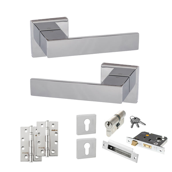 Senza Pari Panetti Door Handle Pack (Euro Lock Set - 2.5" CE Sashlock, 4" Slim Knuckle Hinges x2) - Polished Chrome - ADPSP217CP24 - Choice Handles