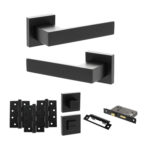 Senza Pari Panetti Door Handle Pack (Bathroom Set - 2.5" CE Bathroom Lock, 4" Fire Rated Hinges x3) - Matt Black - ADPSP217MB10 - Choice Handles