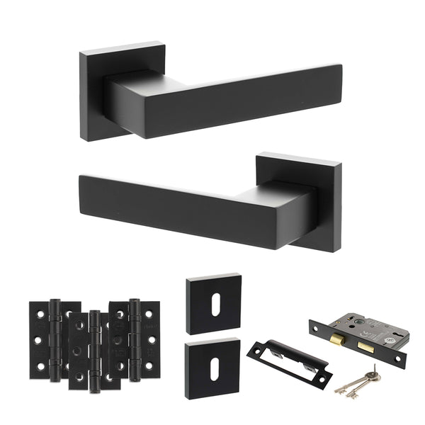 Senza Pari Panetti Door Handle Pack (3 Lever Lock Set - 2.5" CE Sashlock, 3" Fire Rated Hinges x3) - Matt Black - ADPSP217MB14 - Choice Handles