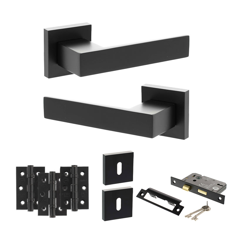 Senza Pari Panetti Door Handle Pack (3 Lever Lock Set - 2.5" CE Sashlock, 3" Fire Rated Hinges x3) - Matt Black - ADPSP217MB14 - Choice Handles