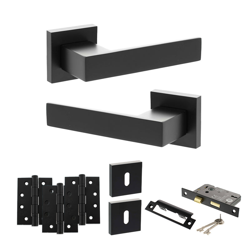 Senza Pari Panetti Door Handle Pack (3 Lever Lock Set - 2.5" CE Sashlock, 4" Fire Rated Hinges x3) - Matt Black - ADPSP217MB16 - Choice Handles