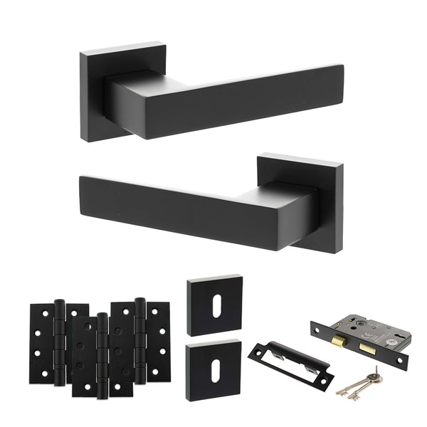 Senza Pari Panetti Door Handle Pack (3 Lever Lock Set - 3" CE Sashlock, 4" Fire Rated Hinges x3) - Matt Black - ADPSP217MB17 - Choice Handles