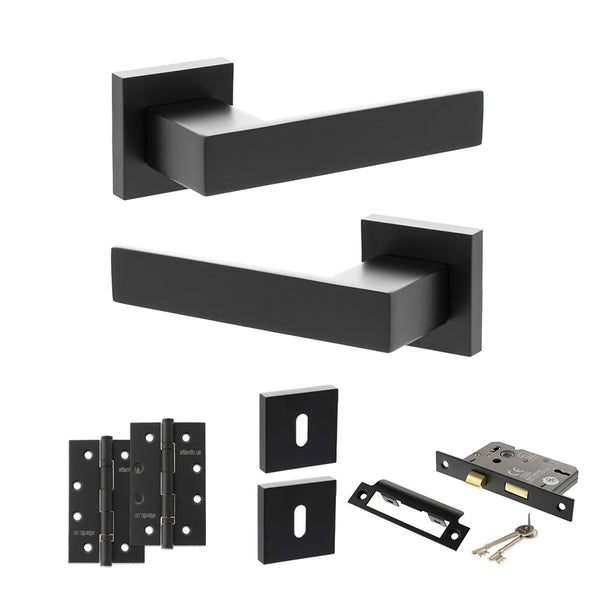 Senza Pari Panetti Door Handle Pack (3 Lever Lock Set - 2.5" CE Sashlock, 4" Slim Knuckle Hinges x2) - Matt Black - ADPSP217MB18 - Choice Handles