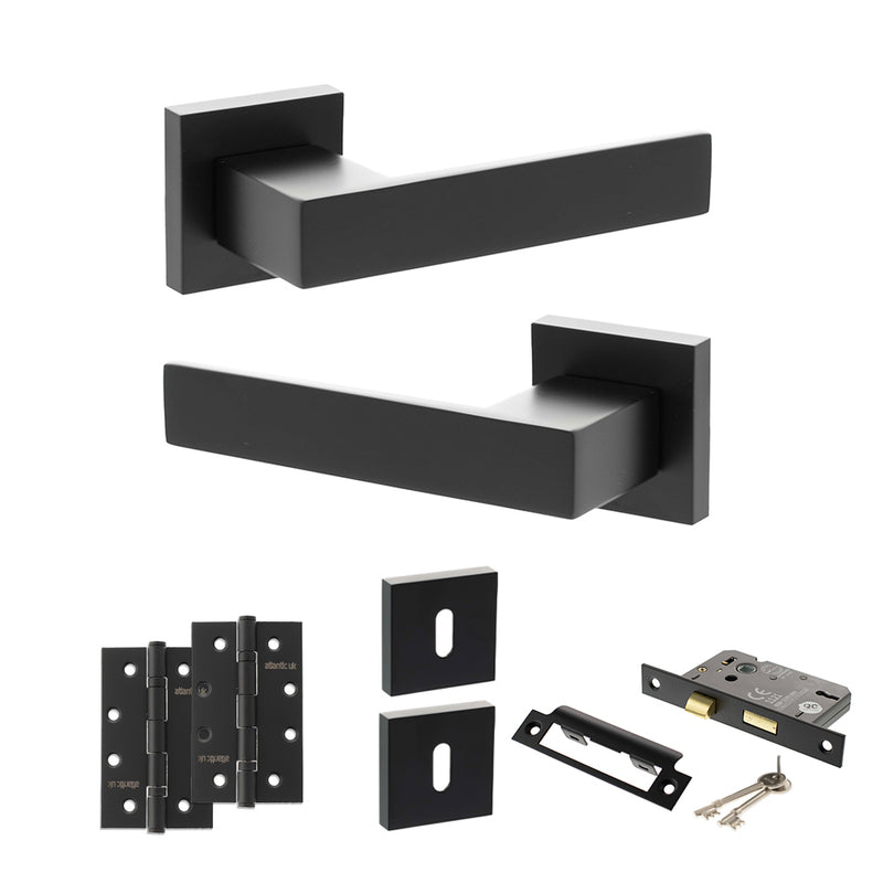 Senza Pari Panetti Door Handle Pack (3 Lever Lock Set - 3" CE Sashlock, 4" Slim Knuckle Hinges x2) - Matt Black - ADPSP217MB19 - Choice Handles