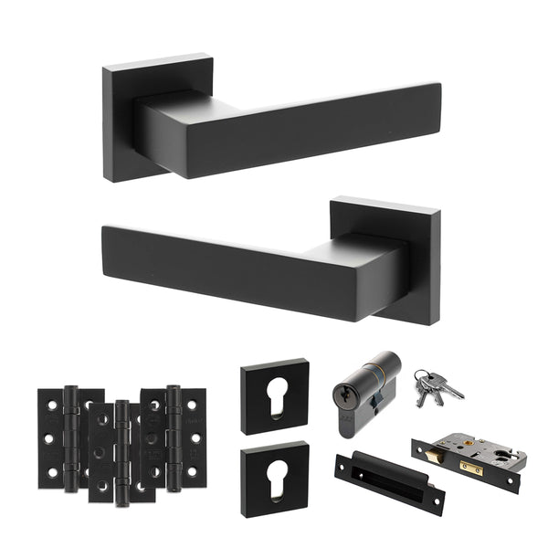 Senza Pari Panetti Door Handle Pack (Euro Lock Set - 2.5" CE Sashlock, 3" Fire Rated Hinges x3) - Matt Black - ADPSP217MB20 - Choice Handles