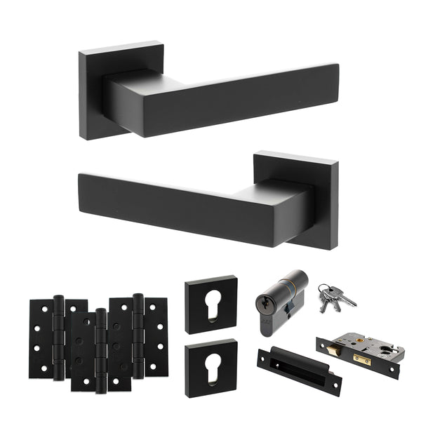 Senza Pari Panetti Door Handle Pack (Euro Lock Set - 3" CE Sashlock, 4" Fire Rated Hinges x3) - Matt Black - ADPSP217MB23 - Choice Handles