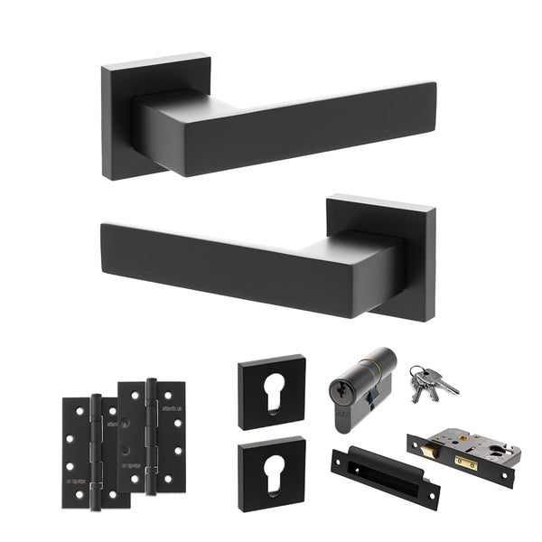Senza Pari Panetti Door Handle Pack (Euro Lock Set - 2.5" CE Sashlock, 4" Slim Knuckle Hinges x2) - Matt Black - ADPSP217MB24 - Choice Handles