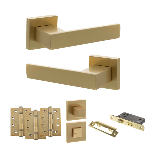 Senza Pari Panetti Door Handle Pack (Bathroom Set - 2.5" CE Bathroom Lock, 4" Fire Rated Hinges x3) - Satin Brass - ADPSP217SB10 - Choice Handles