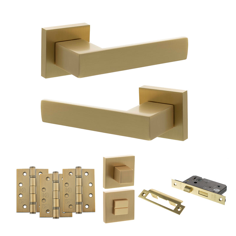 Senza Pari Panetti Door Handle Pack (Bathroom Set - 2.5" CE Bathroom Lock, 4" Fire Rated Hinges x3) - Satin Brass - ADPSP217SB10 - Choice Handles