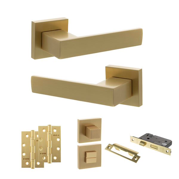 Senza Pari Panetti Door Handle Pack (Bathroom Set - 2.5" CE Bathroom Lock, 4" Slim Knuckle Hinges x2) - Satin Brass - ADPSP217SB12 - Choice Handles