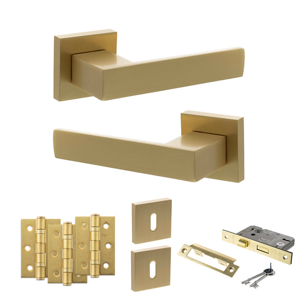 Senza Pari Panetti Door Handle Pack (3 Lever Lock Set - 2.5" CE Sashlock, 3" Fire Rated Hinges x3) - Satin Brass - ADPSP217SB14 - Choice Handles