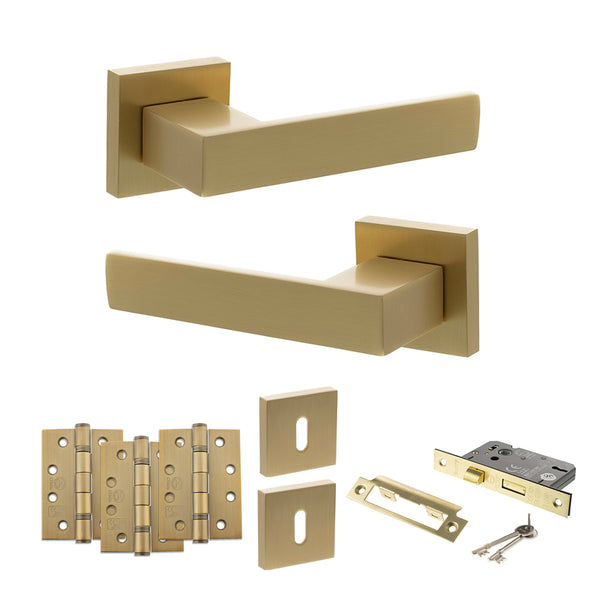 Senza Pari Panetti Door Handle Pack (3 Lever Lock Set - 3" CE Sashlock, 4" Fire Rated Hinges x3) - Satin Brass - ADPSP217SB17 - Choice Handles