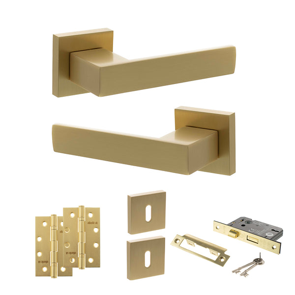 Senza Pari Panetti Door Handle Pack (3 Lever Lock Set - 3" CE Sashlock, 4" Slim Knuckle Hinges x2) - Satin Brass - ADPSP217SB19 - Choice Handles