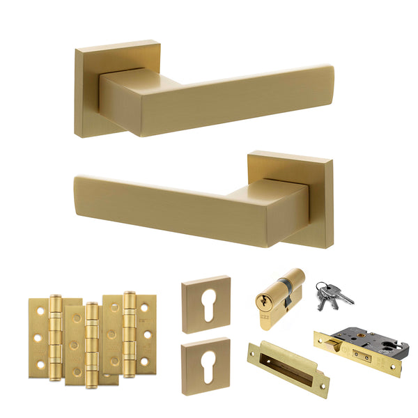 Senza Pari Panetti Door Handle Pack (Euro Lock Set - 2.5" CE Sashlock, 3" Fire Rated Hinges x3) - Satin Brass - ADPSP217SB20 - Choice Handles