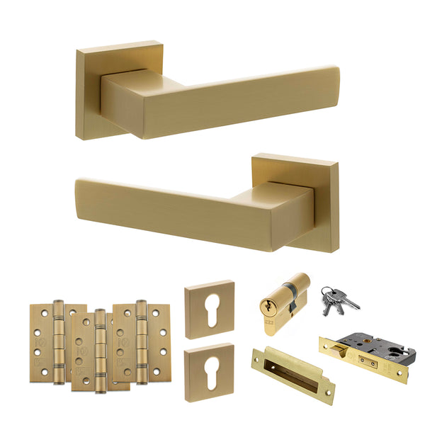 Senza Pari Panetti Door Handle Pack (Euro Lock Set - 2.5" CE Sashlock, 4" Fire Rated Hinges x3) - Satin Brass - ADPSP217SB22 - Choice Handles