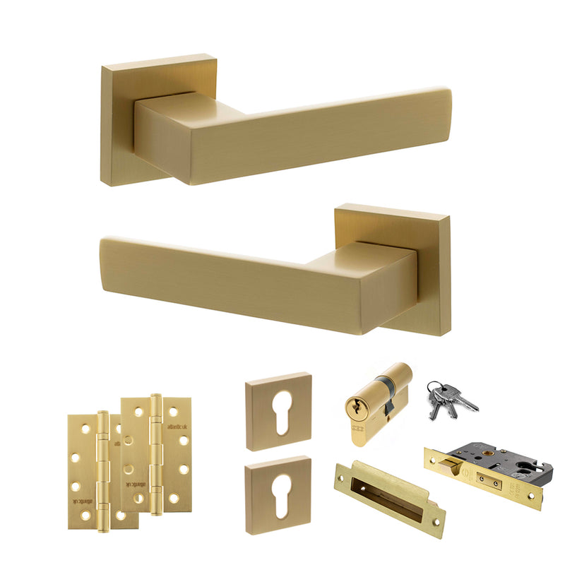 Senza Pari Panetti Door Handle Pack (Euro Lock Set - 3" CE Sashlock, 4" Slim Knuckle Hinges x2) - Satin Brass - ADPSP217SB25 - Choice Handles