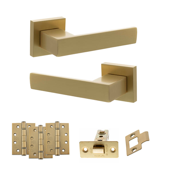 Senza Pari Panetti Door Handle Pack (Latch Set - 2.5" CE Latch, 4" Fire Rated Hinges x3) - Satin Brass - ADPSP217SB3 - Choice Handles