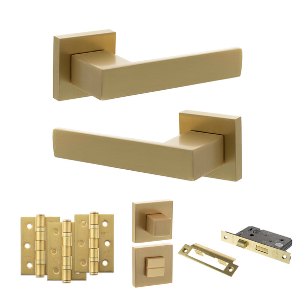 Senza Pari Panetti Door Handle Pack (Bathroom Set - 2.5" CE Bathroom Lock, 3" Fire Rated Hinges x3) - Satin Brass - ADPSP217SB8 - Choice Handles