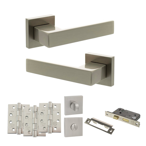 Senza Pari Panetti Door Handle Pack (Bathroom Set - 2.5" CE Bathroom Lock, 4" Fire Rated Hinges x3) - Satin Nickel - ADPSP217SN10 - Choice Handles
