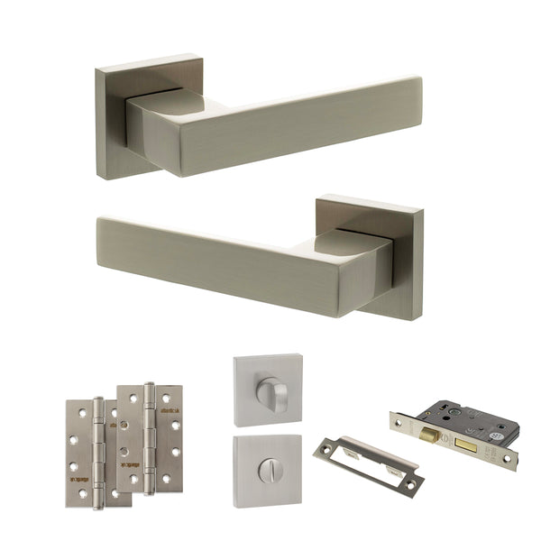 Senza Pari Panetti Door Handle Pack (Bathroom Set - 2.5" CE Bathroom Lock, 4" Slim Knuckle Hinges x2) - Satin Nickel - ADPSP217SN12 - Choice Handles